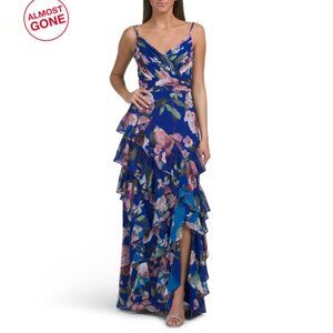 XSCAPE Blue/Blush Floral Printed Ruffle Skirt Gown